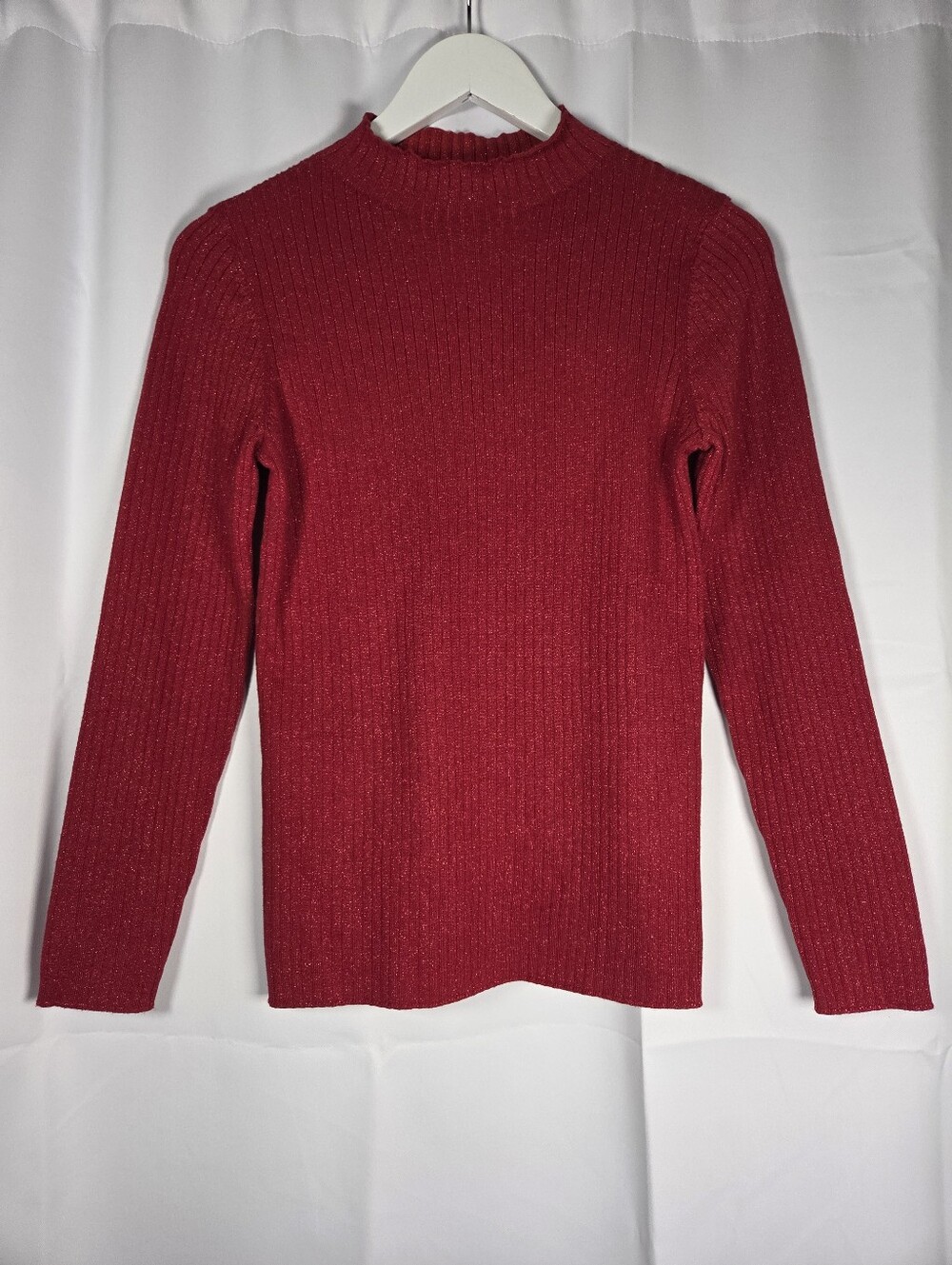 J. Mclaughlin Red Glitter Ribbed Mock Neck Long Sleeve Sweater Women's S